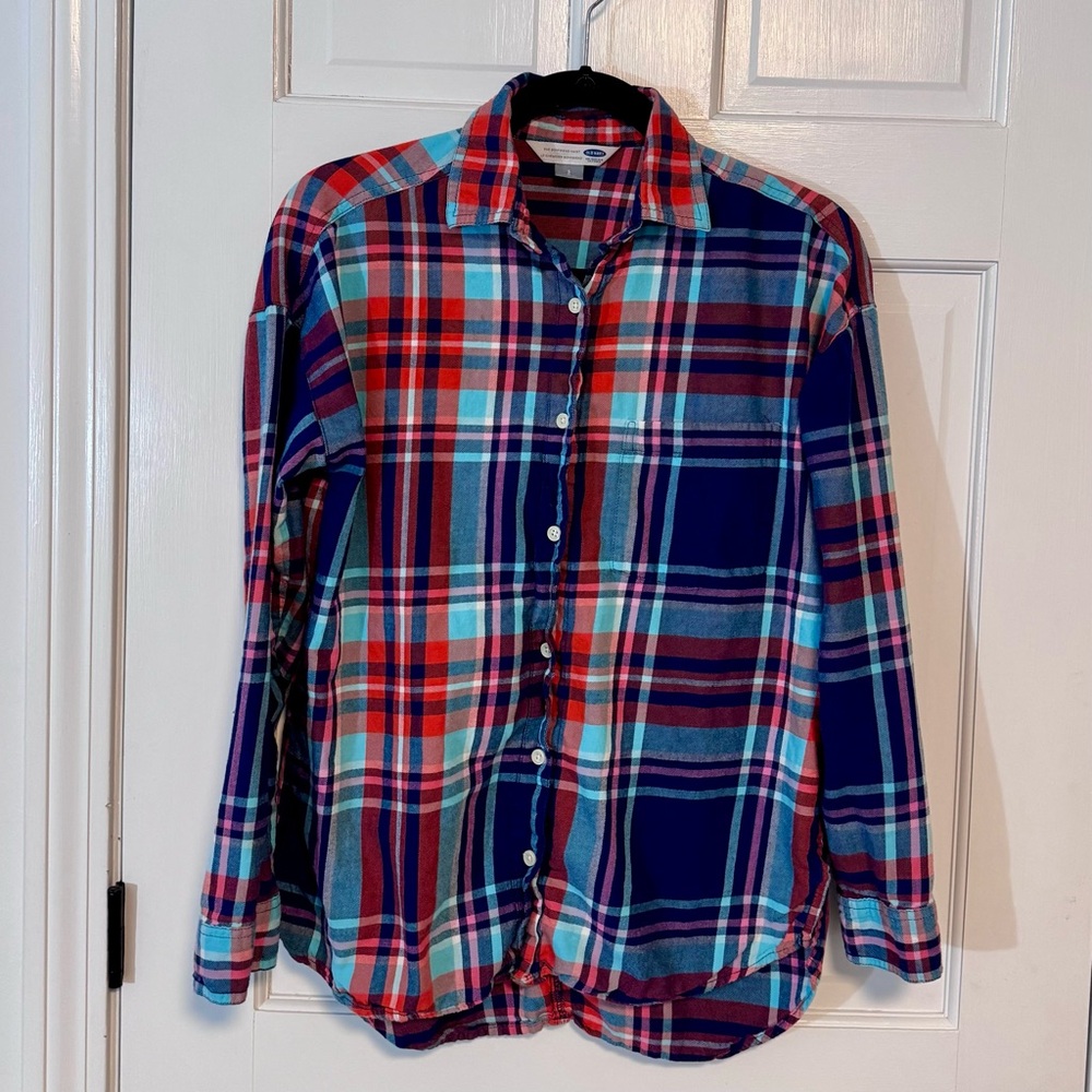 Old Navy | The Boyfriend Shirt, Flannel, Red & Blue Plaid, Size S -GUC - Picture 1 of 7
